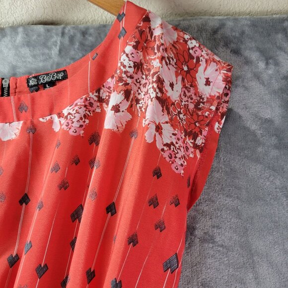 BeBop Womens L Coral Floral Border Print Dress Tie Waist‎ Boho Spring Summer - Picture 6 of 11